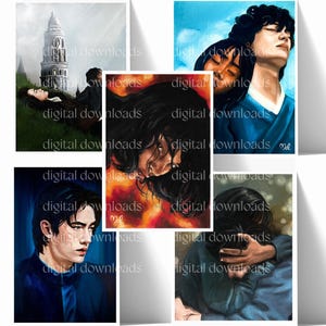 May include: A collection of six art prints featuring digital illustrations. The prints showcase portraits of people with various expressions and poses. The color palette includes blues, greens, and warm tones, with the text "digital downloads" visible on each print.