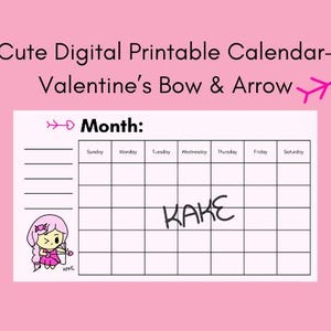 Valentine's Bow & Arrow Calendar- Cute Printable Planner- Kawaii Digital Stationery