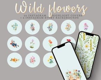 Op de afbeelding: Een set van 30 Instagram-highlightcovers en 8 Instagram-storyachtergronden met aquarel-illustraties van verschillende wilde bloemen in verschillende kleuren en arrangementen.