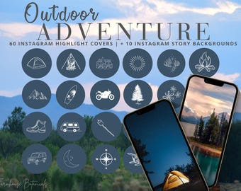 May include: A set of 60 Instagram highlight covers and 10 Instagram story backgrounds featuring illustrations of outdoor adventure themes. The illustrations are in white on a blue background. The illustrations include a tent, a campfire, a mountain range, a surfboard, a motorcycle, a pine tree, a compass, a car, a crescent moon, and a campfire.