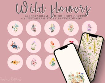 Op de afbeelding: Een set van 30 Instagram-highlightcovers en 8 Instagram-storyachtergronden met aquarel-illustraties van verschillende wilde bloemen in verschillende kleuren. De tekst "Wild Flowers" staat bovenaan de afbeelding.