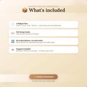 May include: Digital download graphic with the text "What's included". The graphic lists 4 widget files, a full setup guide, no subscriptions or extra tools, and support included. A button reads "Instant Download".