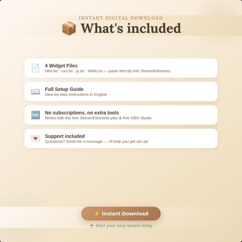 May include: Digital download graphic with the text "What's included". The graphic lists 4 widget files, a full setup guide, no subscriptions or extra tools, and support included. A button reads "Instant Download".
