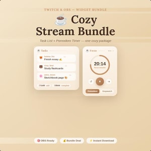 Könnte beinhalten: Ein digitales Produkt-Bundle für Twitch und OBS, das eine Aufgabenliste und einen Pomodoro-Timer enthält. Das Design ist in einer warmen, neutralen Farbpalette gehalten und trägt den Text "Cozy Stream Bundle". Enthält Symbole für "OBS Ready", "Bundle Deal" und "Instant Download".