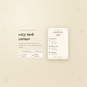 Puede incluir: Una superposición digital para streams de Twitch, con una lista de tareas de estilo cottagecore. La imagen muestra el texto "cozy task corner" y opciones para StreamElements y compatibilidad con OBS. Diseñado para streams de estudio y co-working.