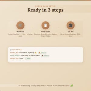 May include: A beige graphic with the text "SUPER EASY SETUP" and "Ready in 3 steps." It shows a three-step process: Purchase, Paste code, and Go live. A chat box displays messages like "Finish my essay" and "Study 30 vocab words."