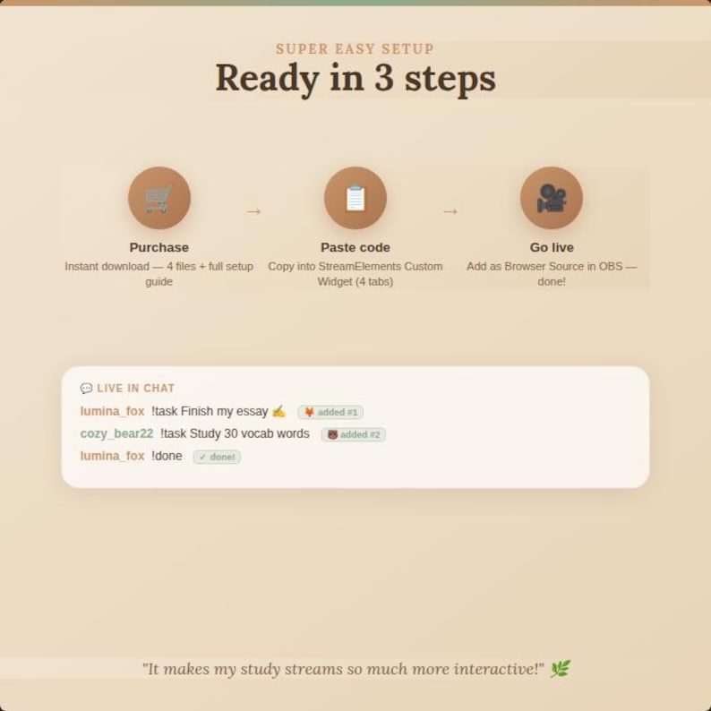 May include: A beige graphic with the text "SUPER EASY SETUP" and "Ready in 3 steps." It shows a three-step process: Purchase, Paste code, and Go live. A chat box displays messages like "Finish my essay" and "Study 30 vocab words."