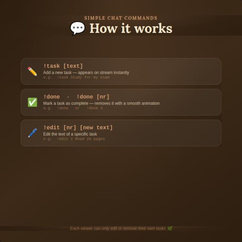 May include: A brown graphic with the text "SIMPLE CHAT COMMANDS" and "How it works". The image details chat commands: !task, !done, and !edit, with examples. Each command is explained with a pencil, checkmark, and pen icon.