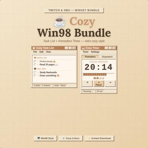 May include: A digital graphic with the text "Cozy Win98 Bundle" and a coffee cup icon. It features a task list and a Pomodoro timer with a retro cozy style. The timer displays "20:14" and has a pause button.