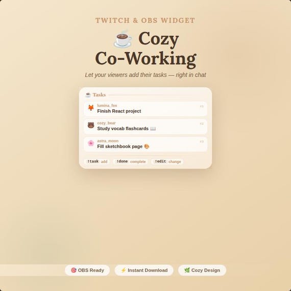 Cozy Co-Working Widget for Twitch & OBS | Study Stream Overlay | StreamElements Chat Widget | Instant Download