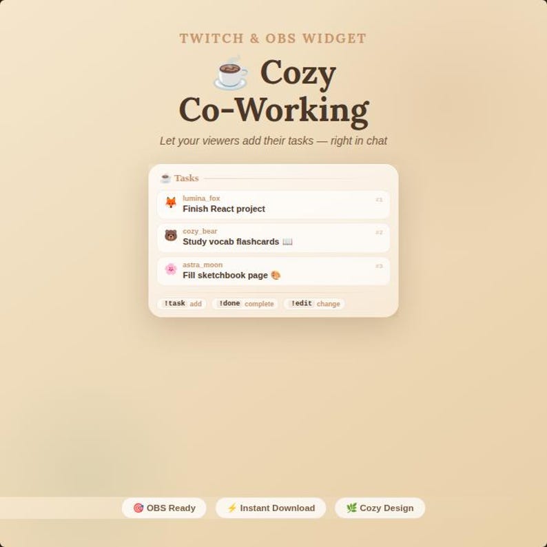 Cozy Co-Working Widget for Twitch & OBS | Study Stream Overlay | StreamElements Chat Widget | Instant Download image 1