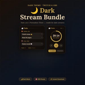 Puede incluir: Gráfico de Dark Stream Bundle con un tema oscuro, que presenta una lista de tareas y un temporizador Pomodoro. El diseño incluye una luna creciente y las palabras "Dark Stream Bundle". La lista de tareas muestra entradas como "Finish essay" y "Read 20 pages".