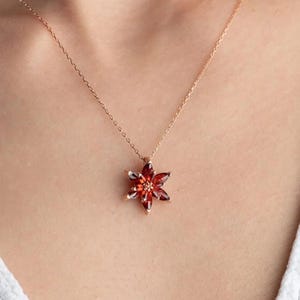 Flower Ruby Necklace: Ruby Gemstone Jewelry, July Birthstone, Silver Crystal and Diamond, Floral Shape
