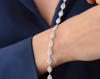 Silver Diamond Tennis Bracelet, Drop Cut Diamond, Gemstone Crystal, April Birthstone, Wedding and Bridal