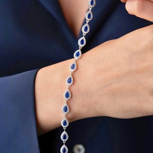 Blue Sapphire Tennis Chain Bracelet, Dainty Birthstone Bracelets for Her, 925K Silver Gemstone Bracelet, Wedding Engagement Gifts, Pear Cut