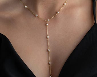 Collar de perlas Lariat, collar largo de perlas en Y de plata, delicada joyería de perlas para bodas, delicado collar de perlas, collar de novia hecho a mano