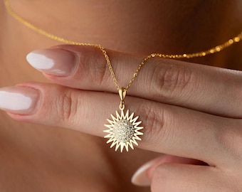 Silber Sun Halskette: Sunburst Celestial Halskette, handgemachter Gold Plated, CZ Edelstein Schmuck