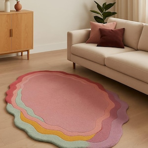 Wavy Rainbow Pastel Rug | Abstract Pink Oval Carpet for Kids Room & Nursery | Modern Colorful Hand-Tufted Wool Rug | Aesthetic Floor Decor