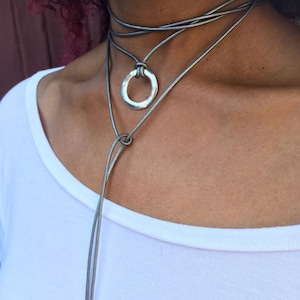 Open Circle Wrap Necklace, Y-Necklace, Lariat, Leather Choker, Choker Necklace, Boho Choker, Wrap Choker, Gift for Her, Bohemian Jewelry image 3