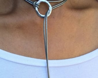 Leather Choker, Choker Necklace, Lariat Necklace, Long Necklace, Boho Choker, Bar Necklace, Boho Jewelry, Gift for Her, Statement Necklace
