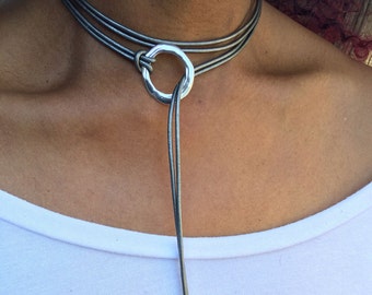 Leather Choker, Choker Necklace, Lariat Necklace, Long Necklace, Boho Choker, Bar Necklace, Boho Jewelry, Gift for Her, Statement Necklace