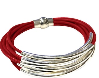 Red Leather Cuff Bracelet with Silver - Multi Strand Bangle Women's Bracelet w/Magnetic Clasp