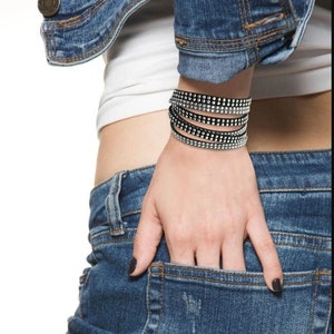 Slake Wrap Bracelet for Women, Slake Bracelet, Bracelet for Women, Crystal, Micro Fiber Bracelet, Silver Wrap, Rhinestone Bracelet Black / Gray