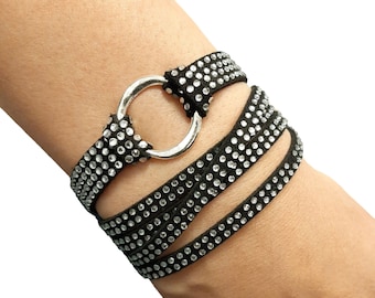 Wrap Bracelet, Bracelet for Women, Boho Wrap Bracelet, Crystal Wrap Bracelet, Leather Wrap Bracelet, Silver Wrap, Rhinestone Bracelet