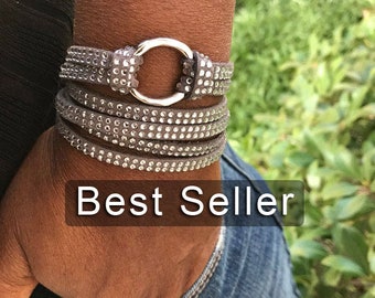 Best Seller Infinity Circle Wrap Bracelet, Leather Bracelet, Tan Rhinestone Faux, Friendship Bracelet, Eternity Bracelet, Gift for Her, Boho