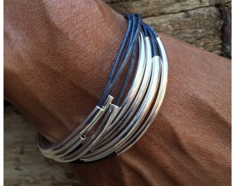 Denim Blue Wrap Bracelet, Leather, Boho, Leather Jewelry, Denim Blue Leather, Tube Bracelet, Leather Cuff, Silver Noodle, Magnetic Clasp