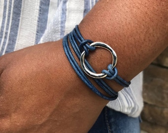 Leather Triple Wrap Bracelet, Silver Eternity Circle, Boho Cuff