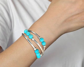 Turquoise Triple Wrap Stretch Bead Bracelet, Tube Necklace, 8mm, Gemstone Silver Tube Noodle Bead Bracelet, Stretch Bracelet