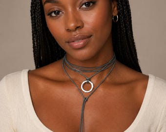 Leather Lariat Choker with Metal Spikes, Wrap Necklace