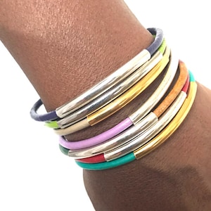 Set of 5:   Leather Bracelet for Women, Tube Bangle, Stack Bracelet, Tube Bangle, Silver Bangle, Layer, Leather Cuff, Leather Bangle