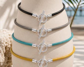 Leather Choker Necklace, Silver Plated Toggle Clasp, Bohemian Jewelry, USA Made