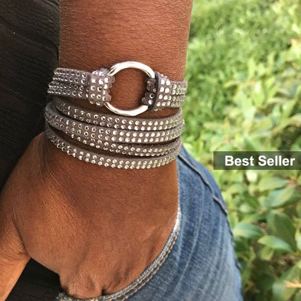 Strass Kunstleder Wickelarmband, Boho Magnetverschluss