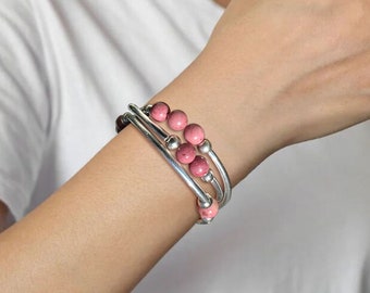 Pink Rhodonite Triple Wrap Stretch Bead Bracelet, Tube Necklace, 8mm, Gemstone Silver Tube Noodle Bead Bracelet, Stretch Bracelet