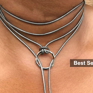 Leather Choker, Choker Necklace, Boho Choker, Wrap Choker, Choker Necklace, Gift for Her, Lariat Necklace, Y Necklace, Bohemian Jewelry Gray - Leather