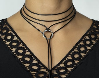Leather O-Ring Lariat Choker, Boho Y-Necklace, Silver Spikes
