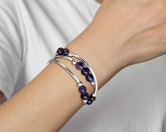 Amethyst Triple Wrap Stretch Bead Bracelet, Tube Necklace, 8mm, Gemstone Silver Tube Noodle Bead Bracelet, Stretch Bracelet