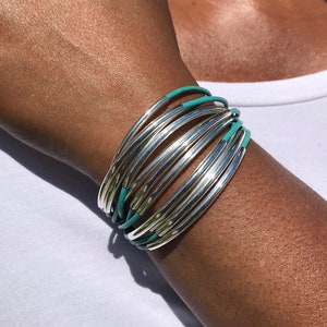 Turquoise Leather Cuff Bracelet Leather Jewelry Cuff Bracelet Silver Tube Beads Multi Strand Bangle Noodle Tubes Magnetic image 1