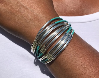 Turquoise Leather Cuff Bracelet | Leather Jewelry | Cuff Bracelet | Silver Tube Beads | Multi Strand Bangle | Noodle Tubes | Magnetic
