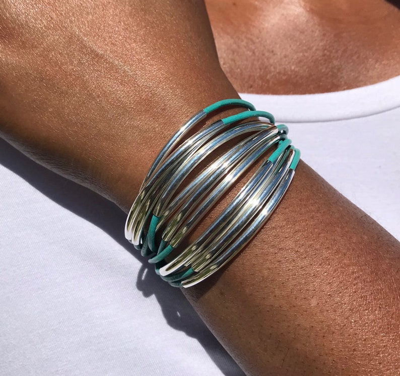 Turquoise Leather Cuff Bracelet Leather Jewelry Cuff Bracelet Silver Tube Beads Multi Strand Bangle Noodle Tubes Magnetic image 1