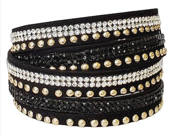 Black Microfiber Wrap Bracelet – Gold & Crystal Snap Bracelet