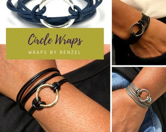 Leather Wrap Bracelet with Silver Circle, Boho Style