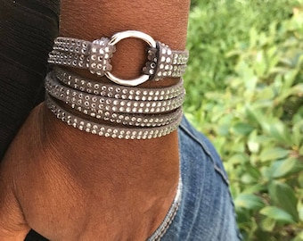 Infinity Circle Wrap Bracelet, Leather Jewelry, Tan Rhinestone Faux, Leather Cuff Bracelets, Gift for Her, Leather, Triple Wrap, Bangles