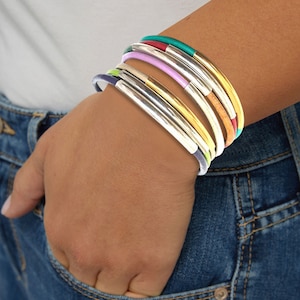 Leather Tube Bangle, Stack Bangle for Women, Leather Tube Bracelet, Free Shipping, Layer Bracelet, Silver Bangle, Leather Bracelet for Women
