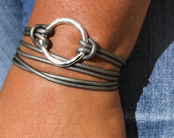 Leather Wrap Bracelet, Silver Circle, Bohemian Bangle