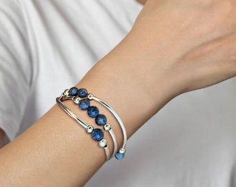 Blue Coral Denim Triple Wrap Stretch Bead Bracelet, Tube Necklace, 8mm, Gemstone Silver Tube Noodle Bead Bracelet, Stretch Bracelet