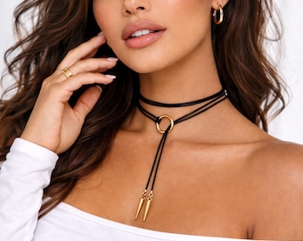 Leather O-Ring Lariat Choker, Boho Y-Necklace, Silver Spikes